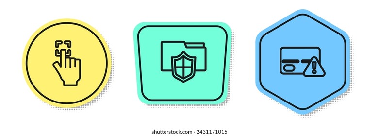 Set line Fingerprint, Document folder protection and Credit card. Colored shapes. Vector