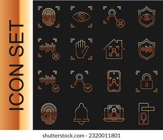 Stellen Sie die Fingerabdruck-Türschloss-Linie ein, mit dem Symbol Schild-Spracherkennung, Ablehnungsfläche, Palm und Smart-Home-ID. Vektorgrafik