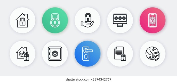 Set line Fingerprint door lock, Mobile with fingerprint scanner, House under protection, Document and, Monitor password, Lock, Shield world globe and Safe icon. Vector