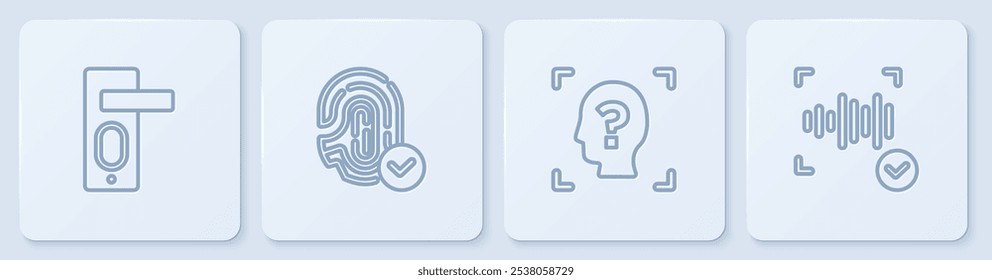 Definir a linha Trava da porta de impressão digital, Reconhecimento de rosto e Voz. Botão quadrado branco. Vetor