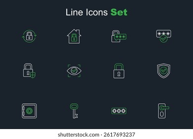 Set line Fingerprint door lock, Password protection, Old key, Safe, Shield with check mark, Lock, Eye scan and security icon. Vector