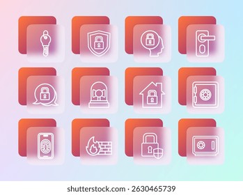 Set line Fingerprint door lock, Firewall, security wall, House under protection, Shield with, Ringing alarm bell, Lock, Key and  icon. Vector