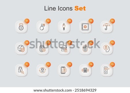 Set line Fingerprint door lock, Security keypad access panel, Mobile with closed padlock, Lock,  and House under protection icon. Vector
