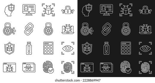 Set line Fingerprint, Eye scan, System bug on monitor, Chain link, Cyber security, Head with shield and Safe combination lock icon. Vector