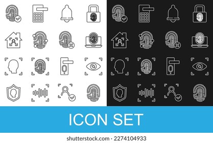 Fijar la huella dactilar de la línea, el escaneo ocular, el portátil con huella dactilar, el sensor de movimiento, el identificador de la cara del hogar inteligente y el icono de rechazo. Vector