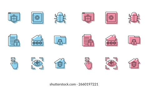 Definir a linha Impressão digital, digitalização de olhos, Navegador com escudo, Casa sob proteção, senha, pasta e bloqueio, Documento e ícone de segurança. Vetor