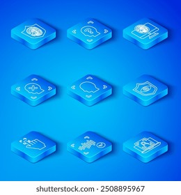 Establecer la línea de huella digital, reconocimiento facial, voz, escudo de exploración ocular, monitor con huella digital, cara de rechazo, escudo e icono del ordenador portátil. Vector