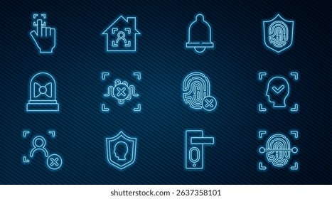 Set line Fingerprint, Face recognition, Motion sensor, Rejection voice, fingerprint and Smart home with face id icon. Vector