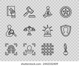 Set line Fingerprint, Feather and inkwell, Hand holding money bag, Face recognition, Oath Holy Bible, Scales of justice, Prison window and User protection icon. Vector