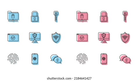 Set line Fingerprint, FTP folder and lock, Protection of personal data, Computer monitor shield, Shield WiFi wireless internet network, Secure your site HTTPS, SSL and Lock icon. Vector