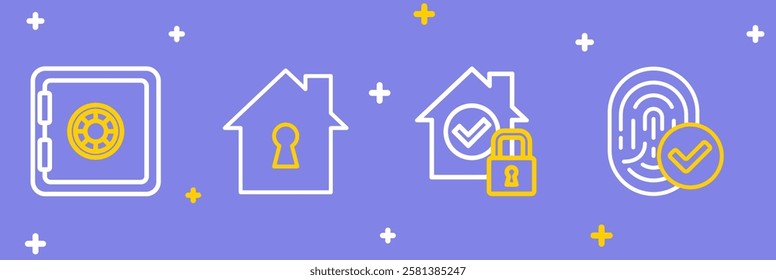 Set line Fingerprint, House under protection,  and Safe icon. Vector
