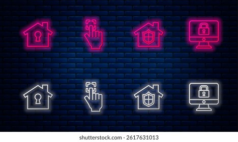 Set line Fingerprint, House under protection,  and Lock monitor. Glowing neon icon on brick wall. Vector