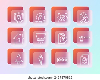 Set line Fingerprint, Key, Mobile with closed padlock, Password protection, Fire sprinkler system, Eye scan, Shield security and Lock icon. Vector