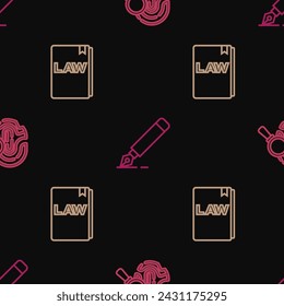 Set line Fingerprint, Law book and Fountain pen nib on seamless pattern. Vector