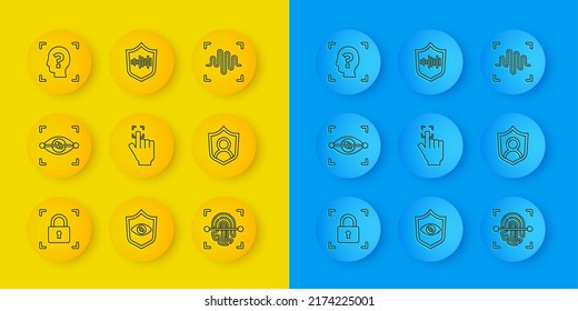 Fijar la huella dactilar de la línea con bloqueo, exploración ocular, protección del usuario, reconocimiento facial, icono de voz de voz de voz y escudo. Vector