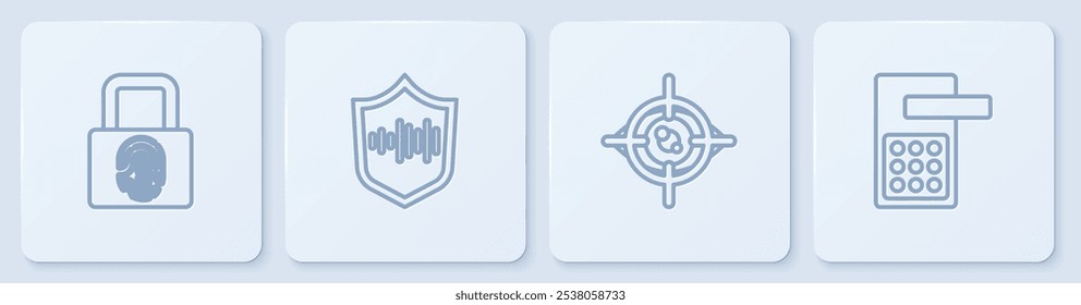 Establecer la línea de huellas dactilares con cerradura, escaneo de ojos, reconocimiento de voz de escudo y puerta digital. Botón cuadrado blanco. Vector