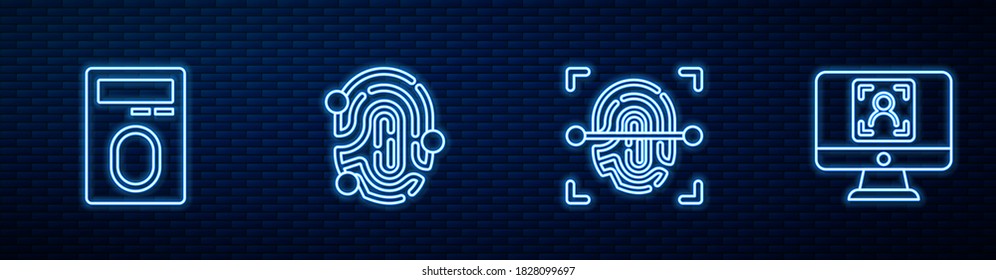 Set line Fingerprint, with lock,  and Face recognition. Glowing neon icon on brick wall. Vector