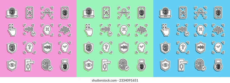 Zeichnen Sie den Fingerabdruck mit Schloss, Gesichtserkennung, Voice, Laptop Fingerabdruck und Ablehnungssymbol ein. Vektorgrafik