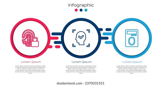Fijar la huella dactilar de la línea con bloqueo, reconocimiento facial y . Plantilla de infografía empresarial. Vector