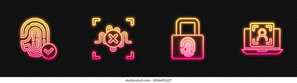 Festlegen des Zeilenfingerabdrucks mit Sperre, Abweisung, Spracherkennung und Laptop-Gesicht. Leuchtendes Neon-Symbol. Vektorgrafik