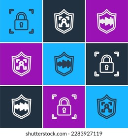 Set line Fingerprint with lock, Shield voice recognition and face icon. Vector