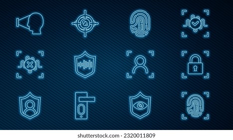 Set line Fingerprint, with lock, Shield voice recognition, Rejection, Face,  and Eye scan icon. Vector