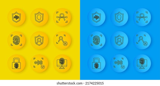 Fijar la huella dactilar de la línea con bloqueo, protección del usuario, huella dactilar del monitor, reconocimiento de la cara de rechazo, voz de escudo, cara e icono. Vector