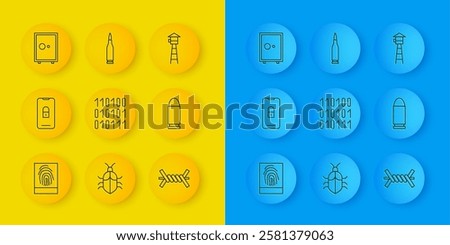 Set line Fingerprint, Mobile with closed padlock, Binary code, Barbed wire, Bullet, Safe, Watch tower and  icon. Vector
