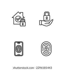 Set line Fingerprint, Mobile with fingerprint scanner, House under protection and Lock icon. Vector