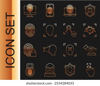 Set line Fingerprint, Palm recognition, Voice, Laptop with fingerprint, Face, Monitor and  icon. Vector