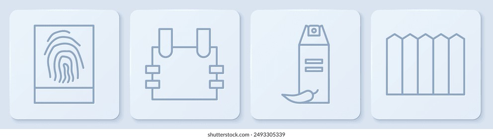 Set line Fingerprint, Pepper spray, Bulletproof vest and Garden fence wooden. White square button. Vector