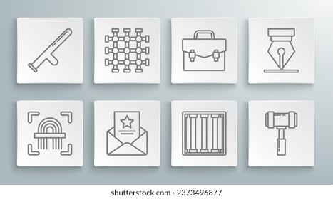 Set line Fingerprint, Prison window, The arrest warrant, Judge gavel, Briefcase, Fountain pen nib and Police rubber baton icon. Vector