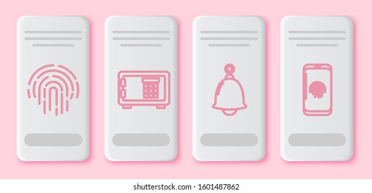 Set line Fingerprint , Safe , Ringing bell  and Smartphone with fingerprint scanner . White rectangle button. Vector