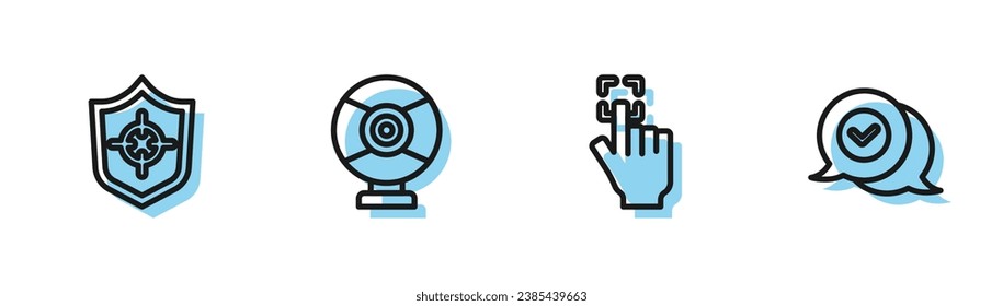 Set line Fingerprint, Shield, Security camera and Check mark speech bubble icon. Vector