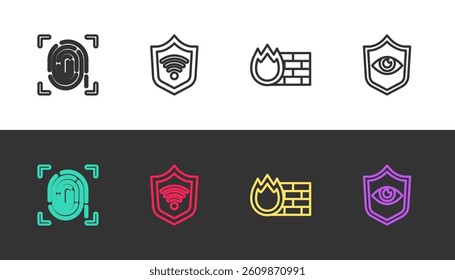 Set line Fingerprint, Shield with WiFi wireless, Firewall, security wall and and eye on black and white. Vector