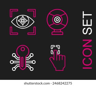 Set line Fingerprint, Smart key, Security camera and Eye scan icon. Vector