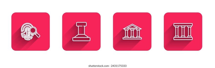 Set line Fingerprint, Stamp, Courthouse building and Prison window with long shadow. Red square button. Vector