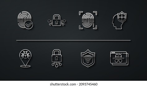 Fijar la marca digital, fallo del sistema, Cabeza con escudo, Escudo WiFi inalámbrico, Ciberseguridad, ventana de incognito del navegador e icono. Vector