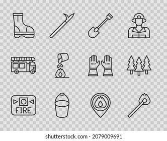 Fijar línea Sistema de alarma de incendios, Competición de quemado con fuego, pala, balde, botas, extinción de cubos, Lugar llama e icono de bosque. Vector