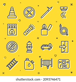 Set line Fire alarm system, exit, hose reel, Metal pike pole, Flashlight, Matchbox and matches, Traffic cone and Lighter icon. Vector
