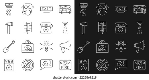 Set line Fire alarm system, Megaphone, sprinkler, exit, Evacuation plan, Firefighter axe, Smoke and Telephone call 911 icon. Vector