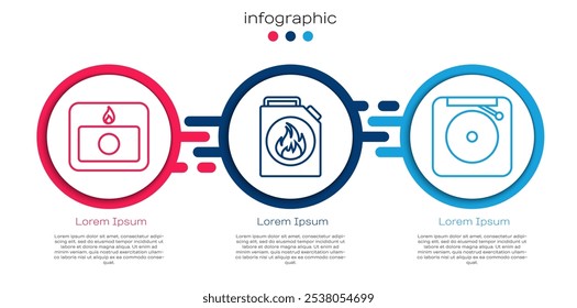 Set line Fire alarm system, Canister for flammable liquids and Ringing alarm bell. Business infographic template. Vector