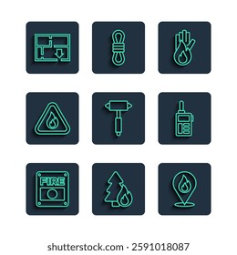 Set line Fire alarm system, Burning forest tree, Location with fire flame, No, Firefighter axe, triangle, Evacuation plan and Walkie talkie icon. Vector