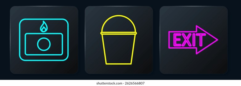 Set line Fire alarm system, Fire exit and Fire bucket. Black square button. Vector