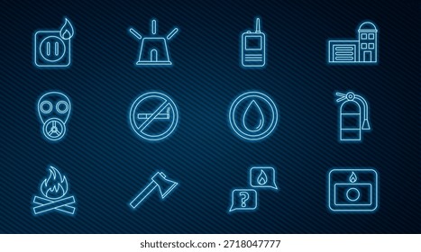 Set line Fire alarm system, extinguisher, Walkie talkie, No Smoking, Gas mask, Electric wiring of socket fire, Water drop and Flasher siren icon. Vector