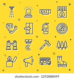 Fijar línea Botas de fuego, Bosque, Sin fuego, salida, Llamada telefónica 911, icono de rociador y extintor. Vector