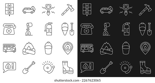 Set line Fire boots, Location with fire flame, shovel and bucket, Electricity spark, Bucket extinguishing, Telephone call 911, Evacuation plan and extinguisher icon. Vector