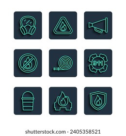 Set line Fire bucket, Burning car, protection shield, Megaphone, hose reel, No fire, Gas mask and Emergency call 911 icon. Vector