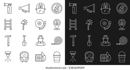 Set line Fire bucket, hose reel, Location with fire flame, Firefighter helmet, axe, escape, extinguisher and Ringing alarm bell icon. Vector