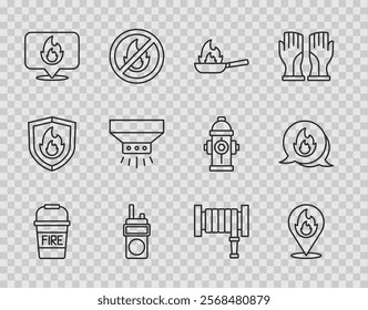 Set line Fire bucket, Location with fire flame, Pan, Walkie talkie, sprinkler system, hose reel and Emergency call icon. Vector